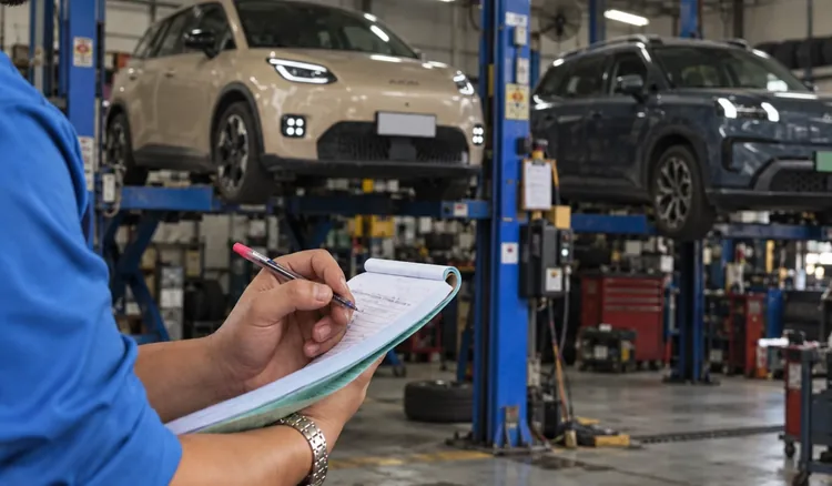 Técnico autorizado de GAC Motor Colombia revisando el plan de mantenimiento preventivo de un GAC AION en el taller
