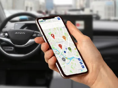 Gráfico ilustrativo mostrando un carro eléctrico conectado a una estación de carga junto a un smartphone con aplicaciones.